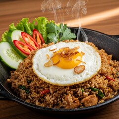 Indonesian-style fried rice with egg, cucumber, and sambal on a white plate.