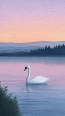 Fototapeta premium A Captivating Watercolor Landscape of a Graceful Swan Gliding Across a Serene Lake During a Colorful Sunset, Perfect for Nature Lovers and Art Enthusiasts