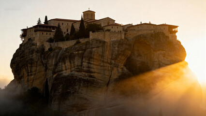 Monastery on a cliff at sunset