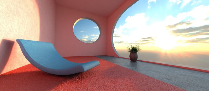 Modern lounge with panoramic sunset view