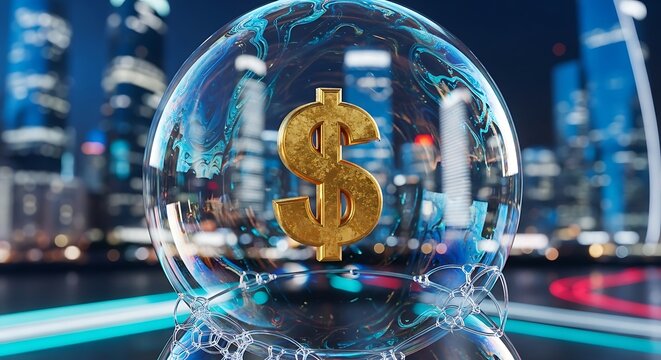 Golden dollar sign in bubble financial currency