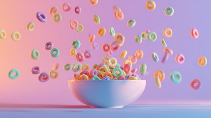 Whimsical Rainbow Cereal Rings Falling into White Bowl on Soft Pastel Gradient Background.