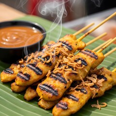 Indonesian chicken satay served with peanut sauce and lontong rice cake.