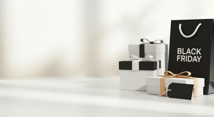Black Friday gift boxes and shopping bag on minimalist table  
