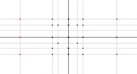 Geometric grid pattern with red and blue dots on a light background, abstract concept