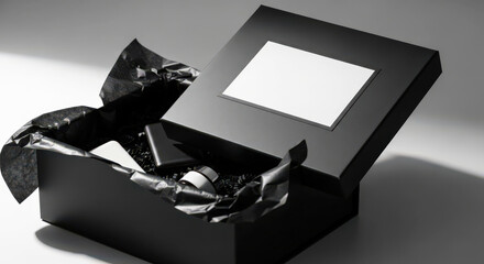 Gift box with crumpled black paper and blank label on top  