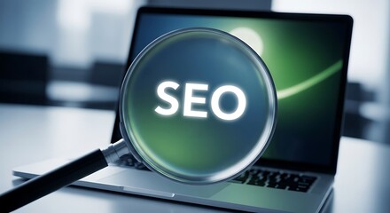 Magnifying glass over laptop screen displaying S E O