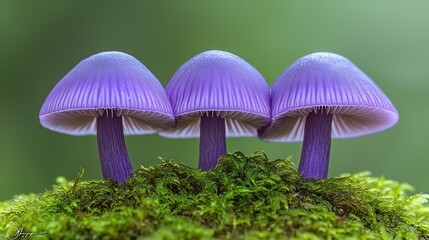 Three Purple Mushrooms on Green Moss, Close - up Macro Shot