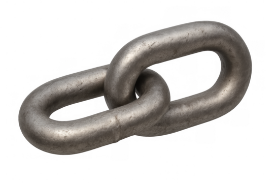 Metal chain link representing connection, teamwork, strength, and security, with transparent background
