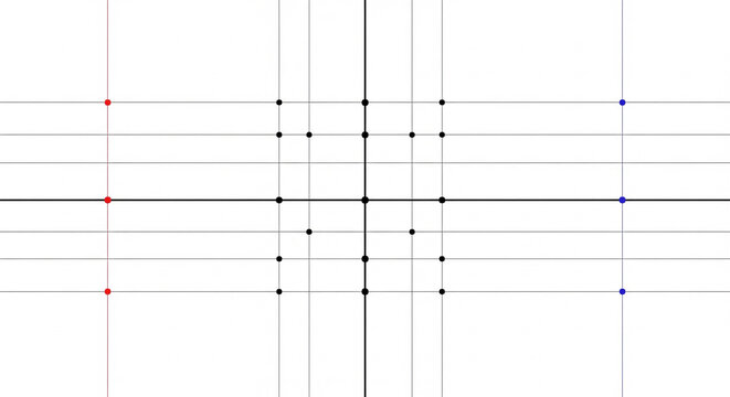 Geometric grid pattern with red and blue dots on a light background, abstract concept