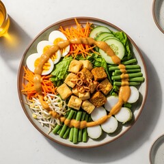 Indonesian mixed vegetable salad with peanut sauce, egg, and tofu.
