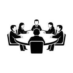 Business meeting around oval table with diverse professionals discussing strategies and collaboration isolated on white background