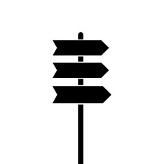 Conceptual black signpost with three arrows indicating multiple directions for navigation guidance and decision making isolated on white background
