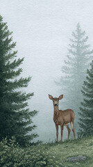 Obraz premium A Serene Encounter with a Deer in a Misty Forest: Capturing the Beauty of Nature's Untamed Wilderness