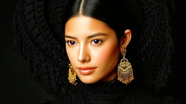 Sophisticated woman modeling black lace mantilla, golden earrings, displaying varied expressions through six dramatic poses against deep shadowy setting