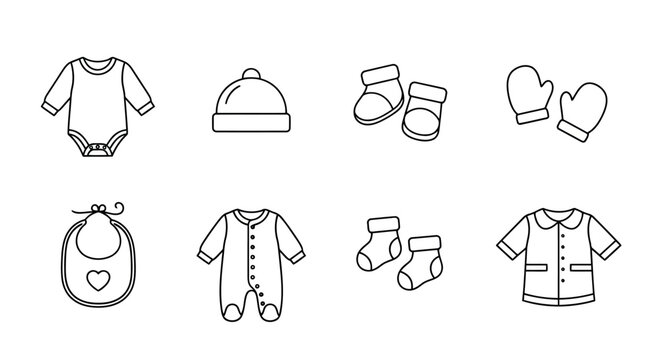 Baby clothes line art set minimalist vector icons for newborn apparel design transparent background