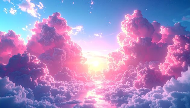 Majestic view of cotton candy clouds, a brilliant sun, and blue sky