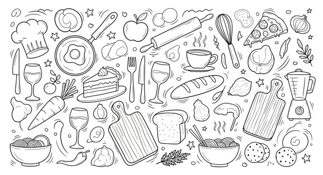 Hand-drawn food and cooking doodles kitchenware elements in sketch style vector illustration for culinary design and decoration tr