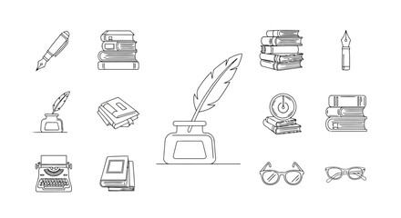 Set of writing and reading icons outline vector illustration of books pen and typewriter transparent background