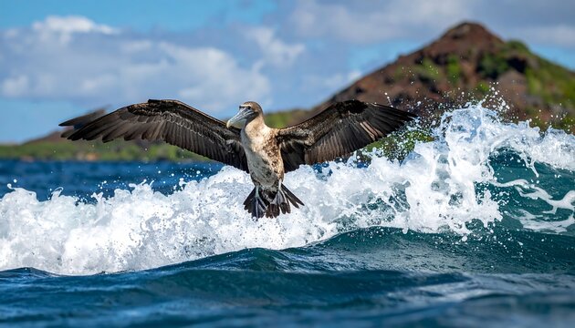 A seabird glides just above foamy waves, island in the background