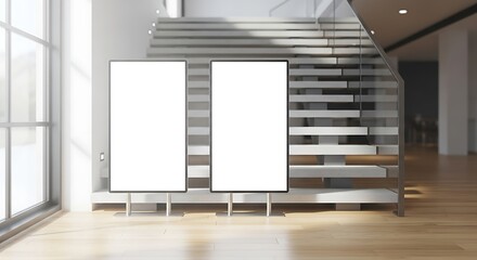Two blank vertical billboards in a modern sunlit interior with a staircase, perfect for advertising mockups and corporate presentations