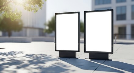 Two blank digital billboards stand on a sidewalk in bright sunlight, with buildings in the background