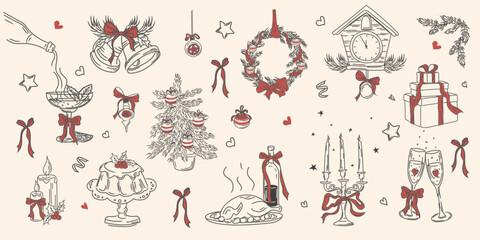 A vintage holiday collection of hand-drawn elements for Christmas and New Year's holidays.A minimalist retro pattern featuring candles,a turkey,a Christmas tree,an Advent wreath,and champagne.