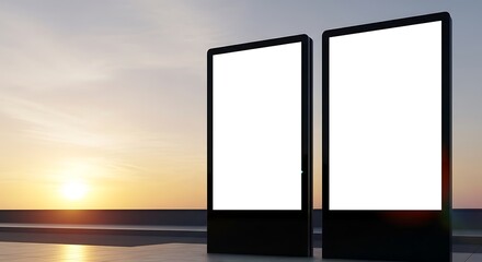 Two prominent blank digital billboards stand against a breathtaking sunset backdrop, offering clear, adaptable space for impactful advertising or information display in a serene outdoor setting