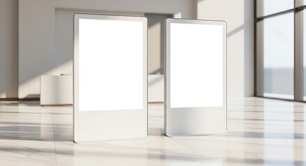 Two blank digital signage displays in a modern interior setting, perfect for advertising and information