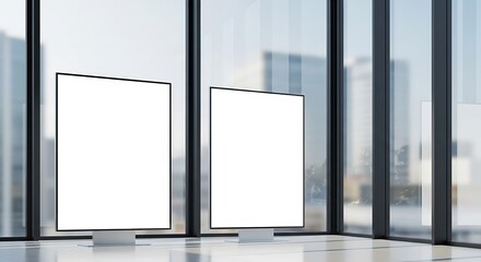 Modern digital display screens in an office or gallery space with a city view