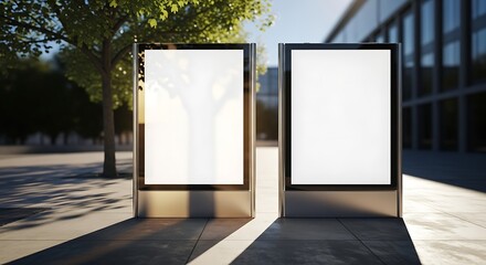 A pair of blank, illuminated advertising billboards standing on a sunlit urban sidewalk, providing a mockup for commercial display