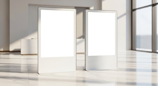 Two blank digital signage displays in a modern interior setting, perfect for advertising and information