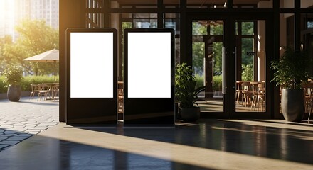Outdoor advertising displays at a modern cafe entrance, mockup billboards with blank screens
