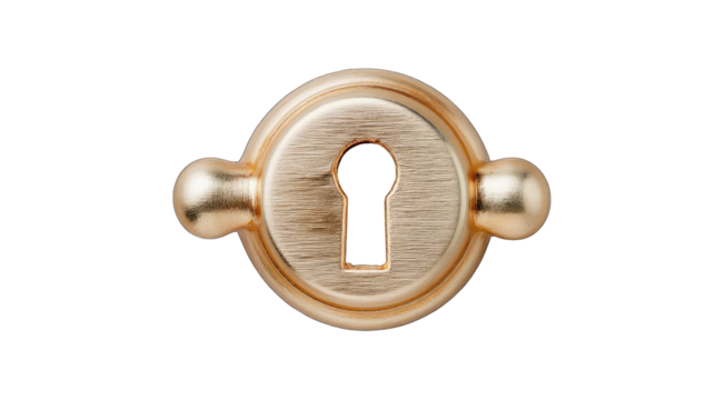 Close up of a golden keyhole icon with a textured metallic surface and a transparent background illuminated by soft studio lighting