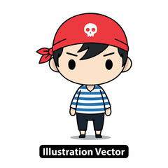 Cute Chibi Pirate Character Illustration with Skull Bandana and Striped Shirt