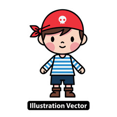 Cute pirate boy with red bandana and skull symbol, cartoon character illustration