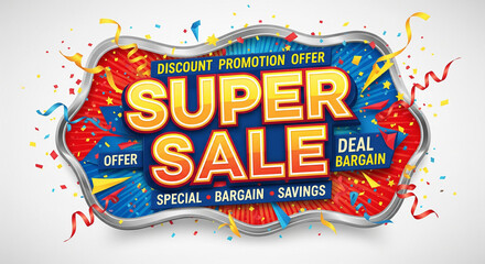 Explosive super sale event with bright colors and confetti announcing incredible deals and massive savings for shoppers