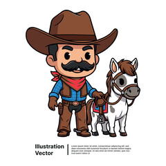 A charming cartoon cowboy character with his little horse. A cute western vector illustration