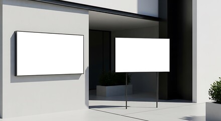 Two blank digital billboards in a sleek outdoor setting, one wall-mounted and one freestanding, perfect for advertising mockups and branding displays