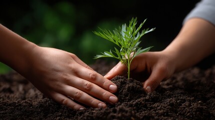 Fototapeta premium Hands planting a small tree seedling in rich soil, symbolizing growth and environmental care.
