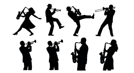 Set of jazz musician silhouettes playing saxophone and trumpet vector illustration for music events and entertainment concepts tra