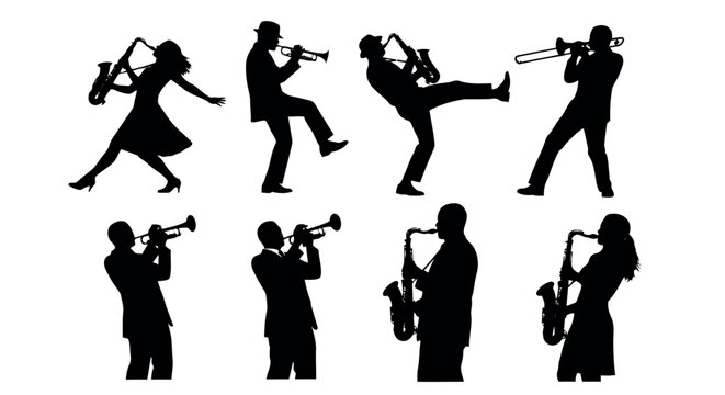 Set of jazz musician silhouettes playing saxophone and trumpet vector illustration for music events and entertainment concepts tra