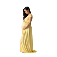 Pregnant woman in a yellow dress tenderly holding her belly isolated on a white background