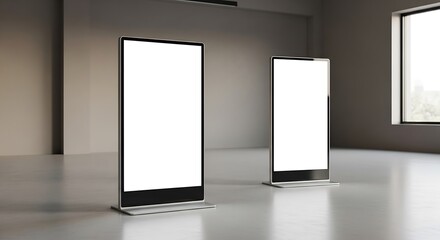 Modern digital displays with blank screens in a spacious room, ideal for advertising and information