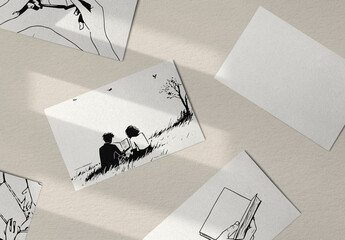 Artistic Postcards With Monochrome Illustrations Mockup PSD