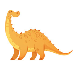 Orange Cartoon Brachiosaurus Dinosaur With Spikes And Swirl Patterns On Its Body And Tail Standing On White Background During Daytime