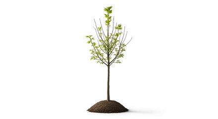 Small single bonsai tree in a white pot, isolated green plant with leaves and branch showing summer growth and life