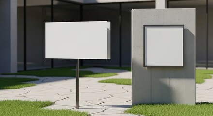 A realistic 3D rendering of two blank outdoor signs, a horizontal billboard and a square plaque, for mockup and branding purposes in a modern setting