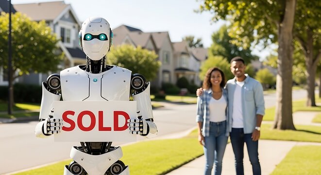 Robot holding sold sign with couple android real estate