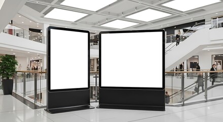 Mockup of two blank vertical digital advertising screens inside a modern, bright shopping center interior for ad placement